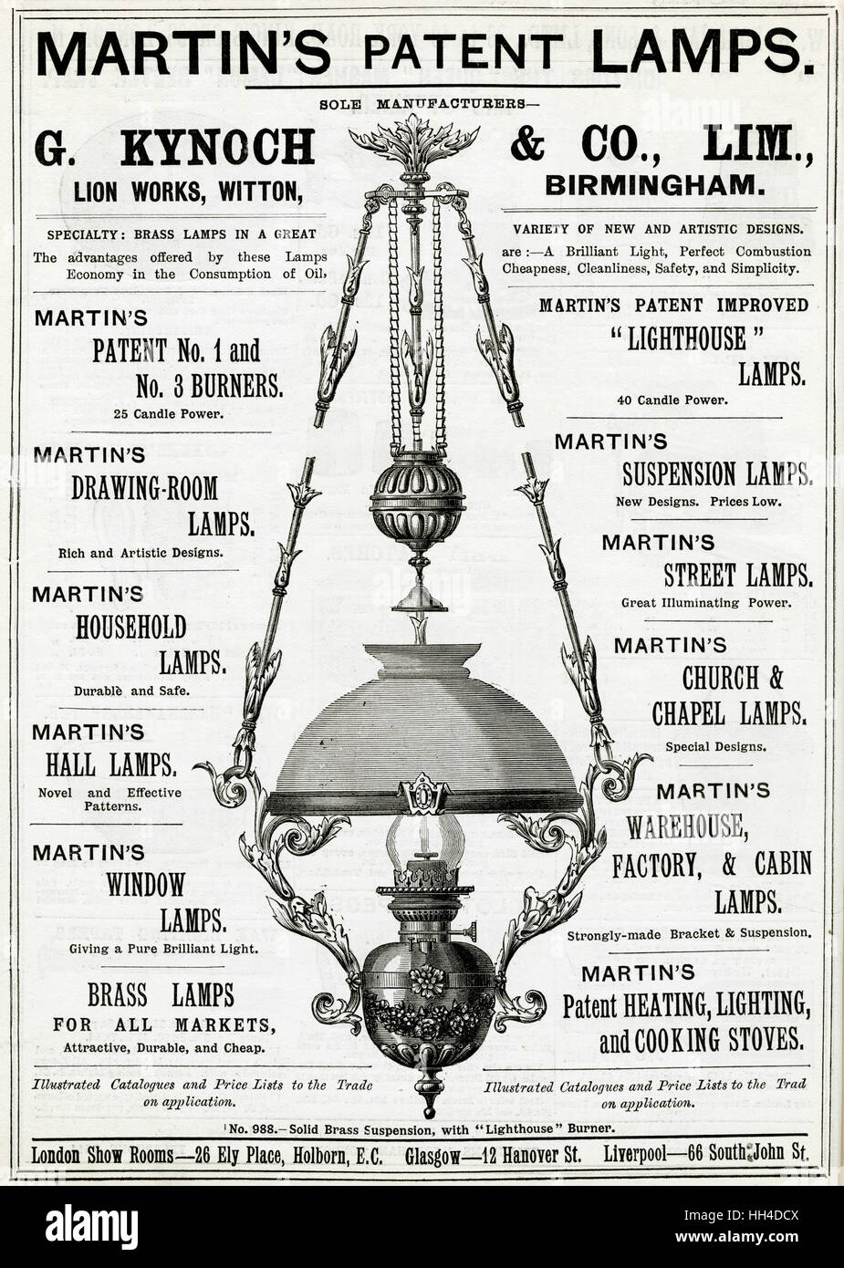 Annuncio per lampade ad olio da appendere a brevetto Martin 1888 Foto Stock