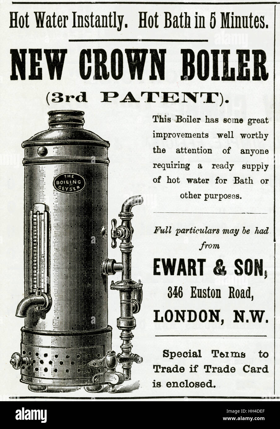 Annuncio per Ewart & Son Boiler 1888 Foto Stock