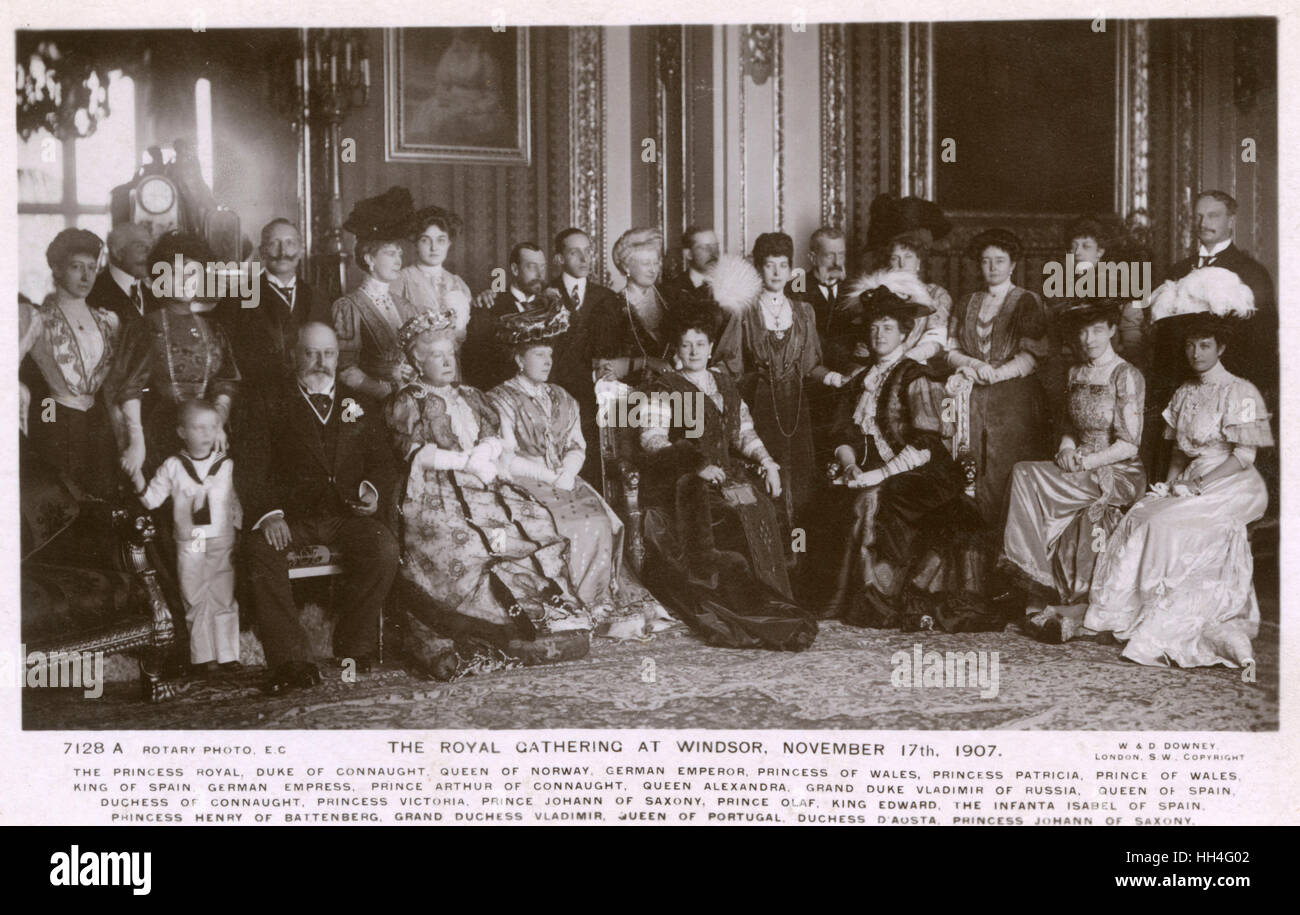 Royal raduno al Windsor - European Royalty - 17 novembre 1907. Questa scheda contiene il seguente: la principessa Royal, duca di Connaught, la regina di Norvegia, imperatore tedesco Kaiser Wilhelm II, Principessa di Galles, Princess Patricia, Principe di Galles (fine Foto Stock