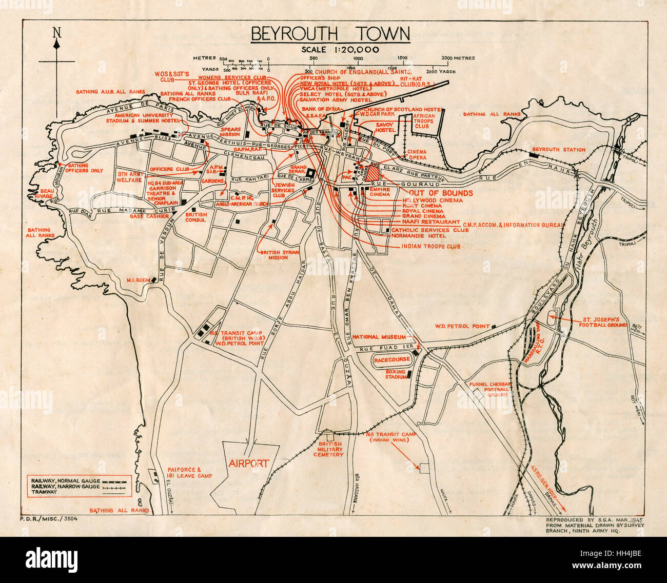 WW2 - Mappa di Beirut, Libano - con località militari Foto Stock WW2 - Mappa di Beirut, Libano - con località militari Foto Stock
