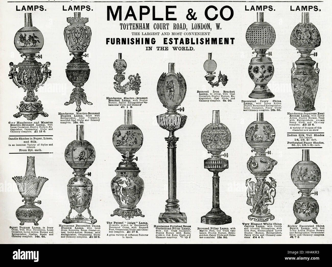 Pubblicità per lampade Maple & Co. 1888 Foto Stock