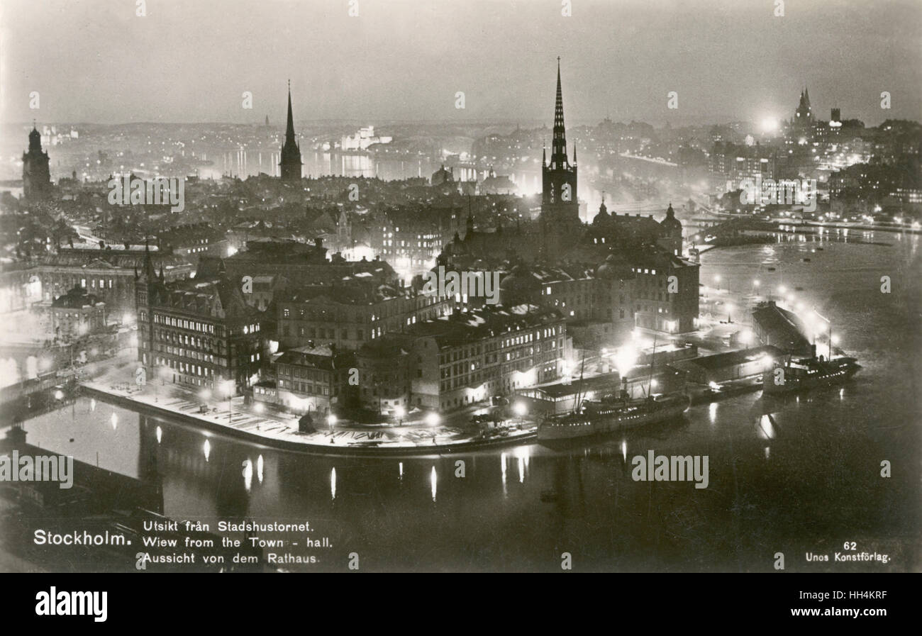 Vista notturna dal Municipio, Stoccolma, Svezia Foto Stock
