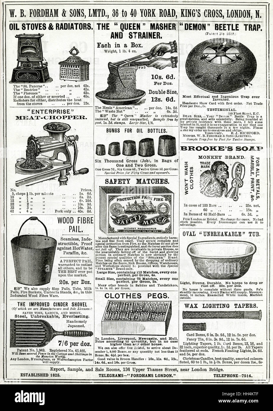 Pagina di annunci vittoriani per articoli per la casa 1888 Foto Stock