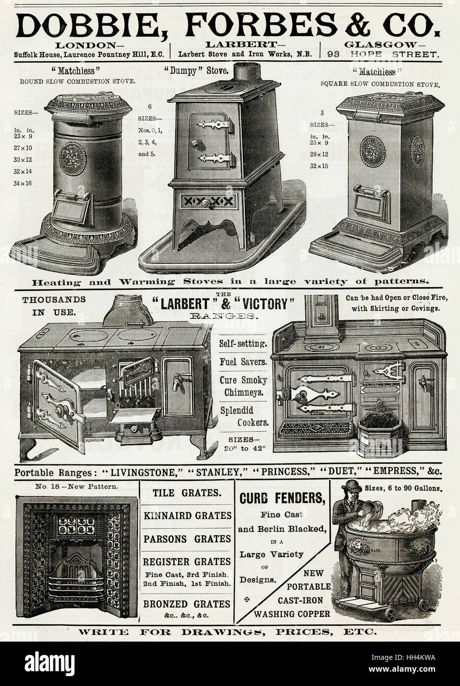 Pubblicità per Dobble, Forbes & Co stufe e gamme 1888 Foto Stock
