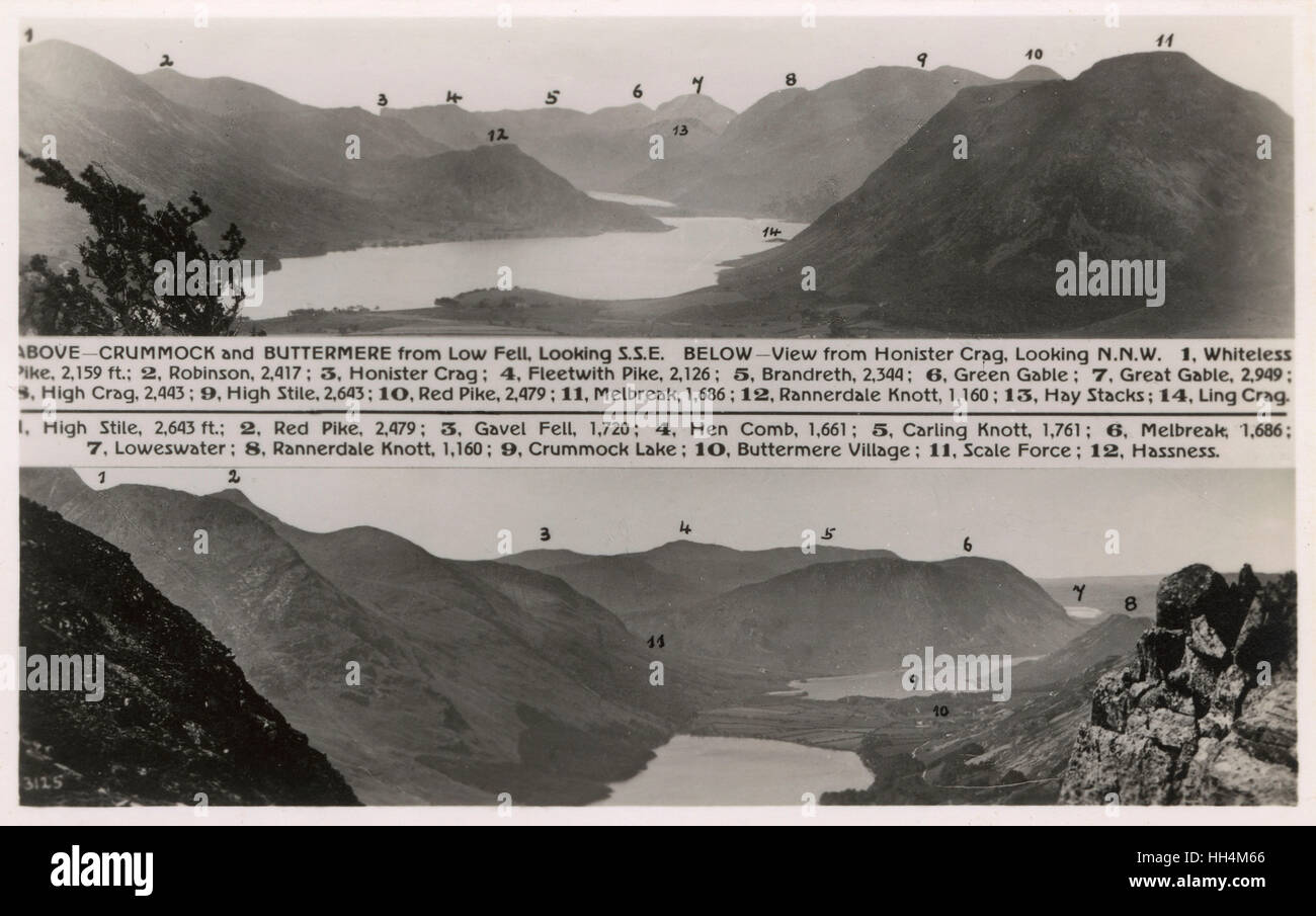 Cartolina con annotazioni che mostra le vette del Lake District Foto Stock