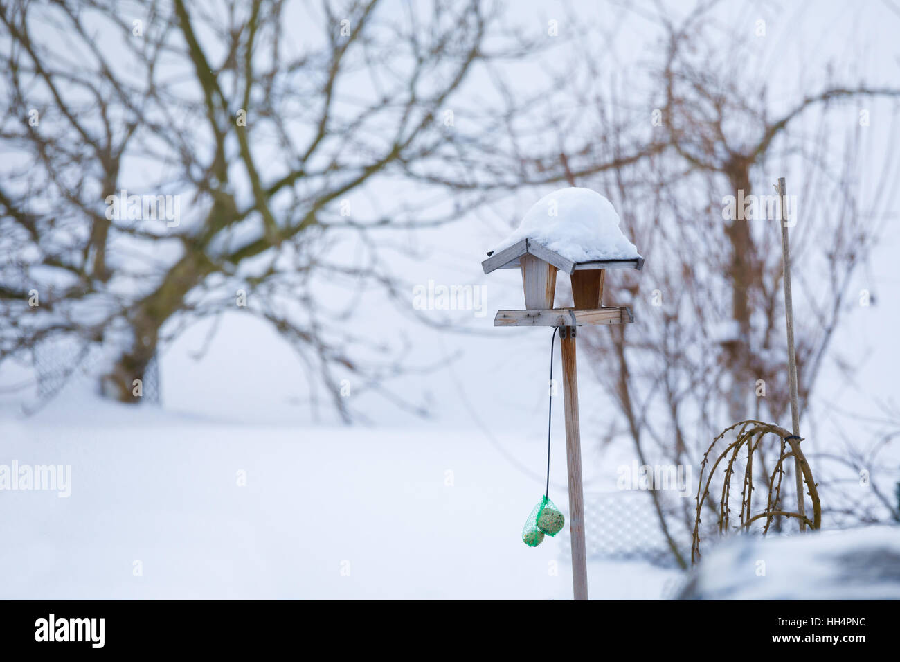 Semplice di legno artigianale birdhouse installato su giardino d inverno in giornata nevosa Foto Stock