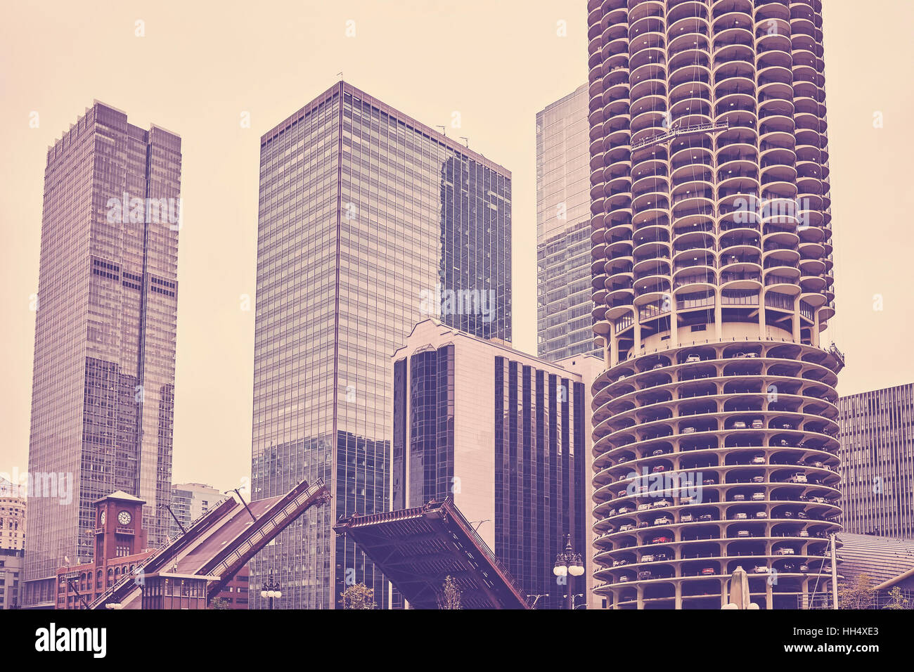 Vintage tonica Chicago Downtown in un giorno nuvoloso, STATI UNITI D'AMERICA. Foto Stock