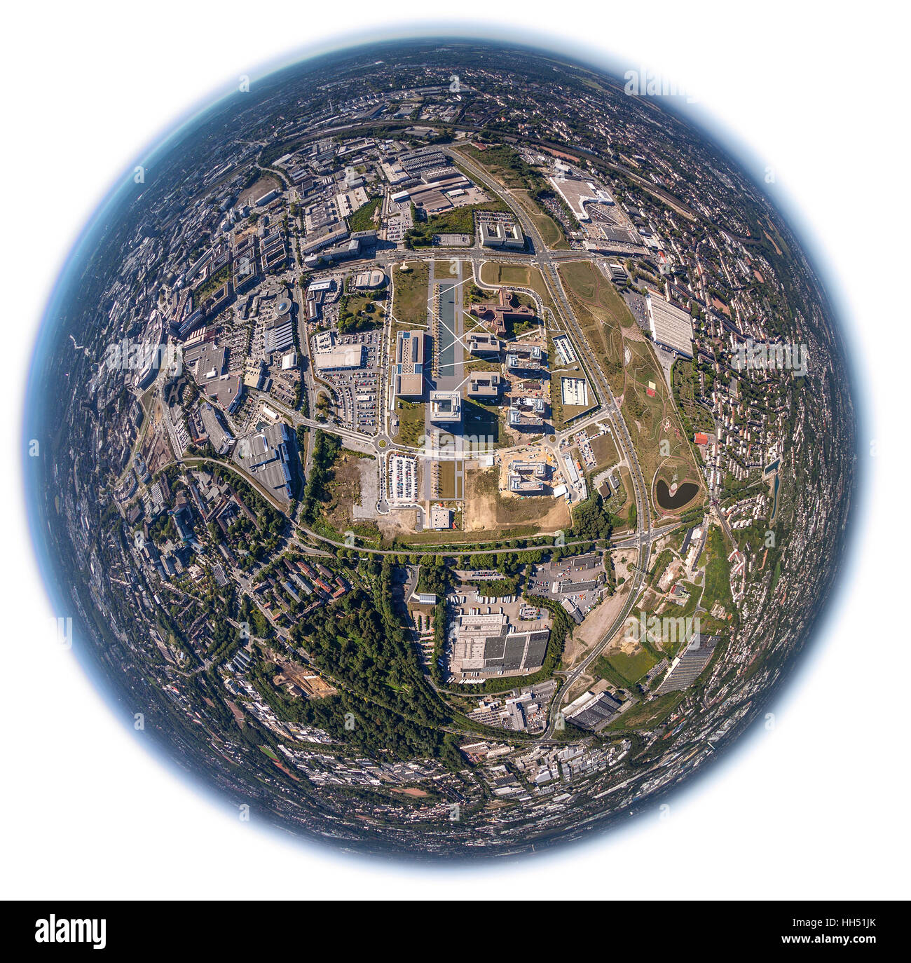 Immagini fisheye, Essen city, città con il Duomo e la Filarmonica e il Municipio e la stazione centrale di Essen, la zona della Ruhr, Foto Stock