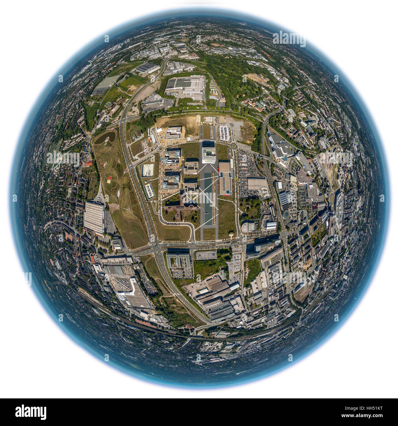 ThyssenKrupp quartier generale, Krupp cintura, Fish-Eye vista, fisheyelens, Essen, la zona della Ruhr, Renania settentrionale-Vestfalia, Germania, Europa Foto Stock