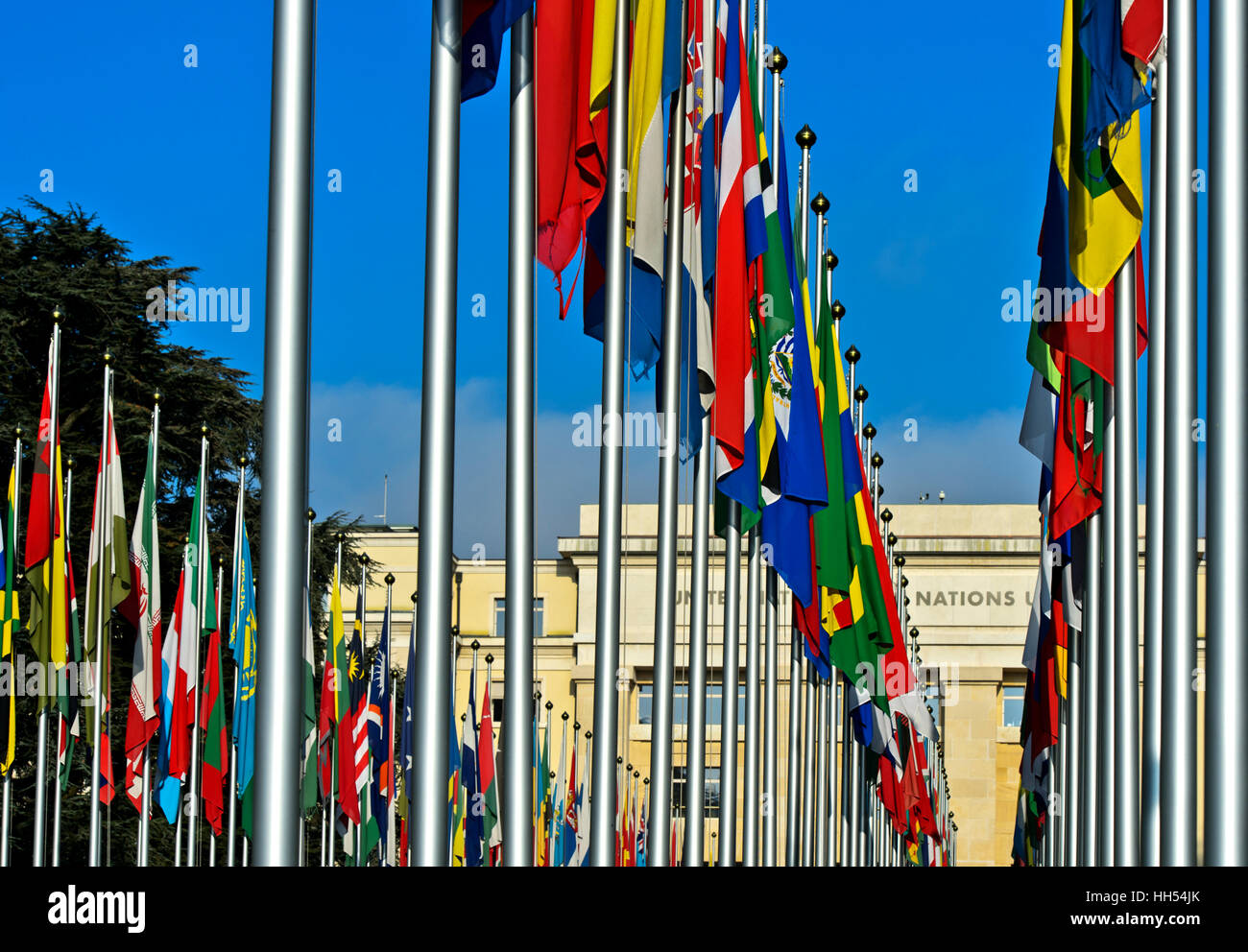 Corte delle bandiere presso l Ufficio delle Nazioni Unite a Ginevra, ONU, Palais des Nations, Ginevra, Svizzera Foto Stock