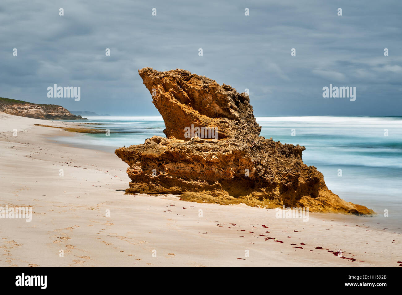 La formazione di roccia chiamato 'Lizard testa' su una penisola di Mornington beach. Foto Stock