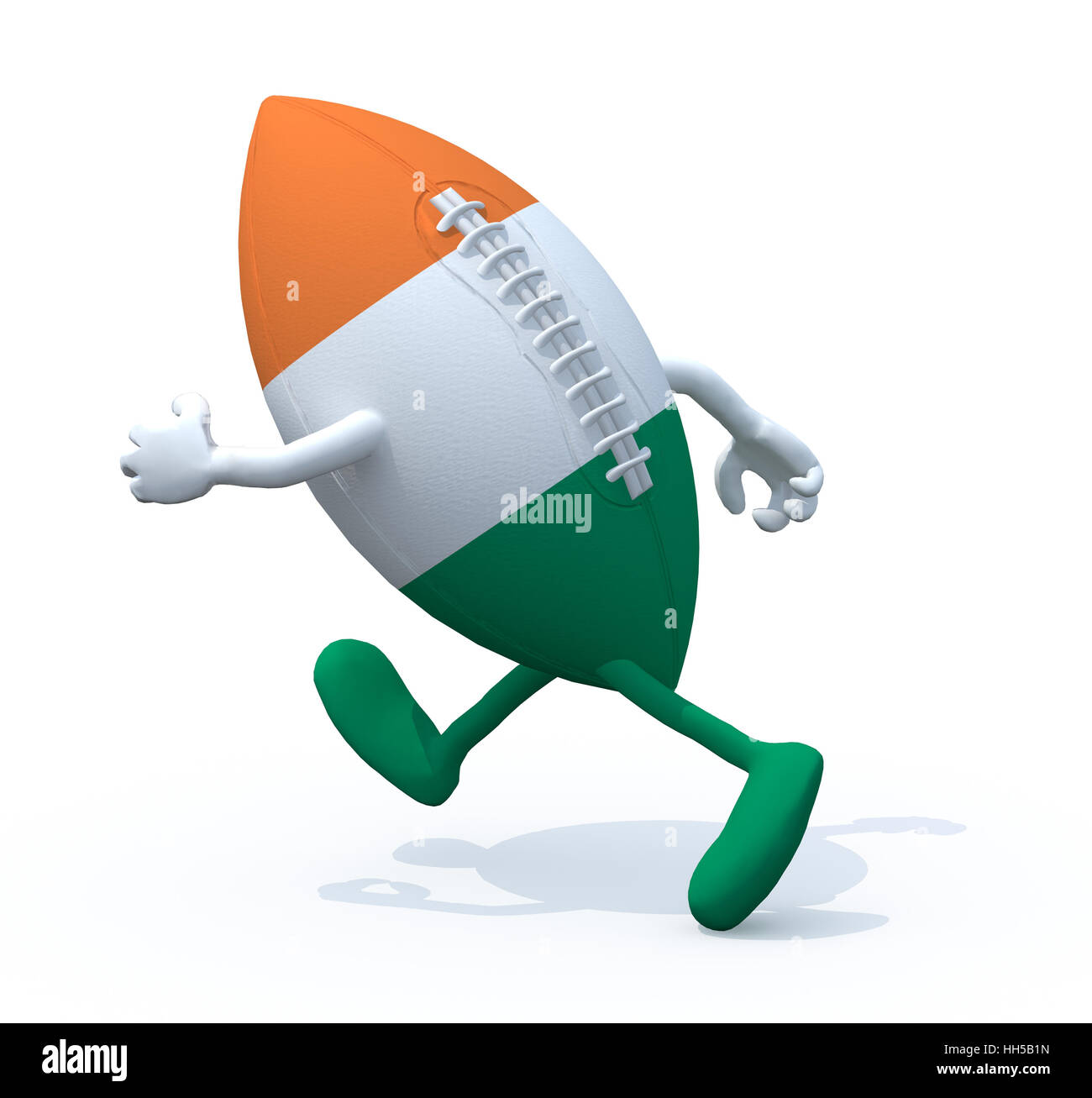 Irlanda bandiera sul pallone da rugby con le braccia e le gambe che corre lontano, 3D illustrazione Foto Stock