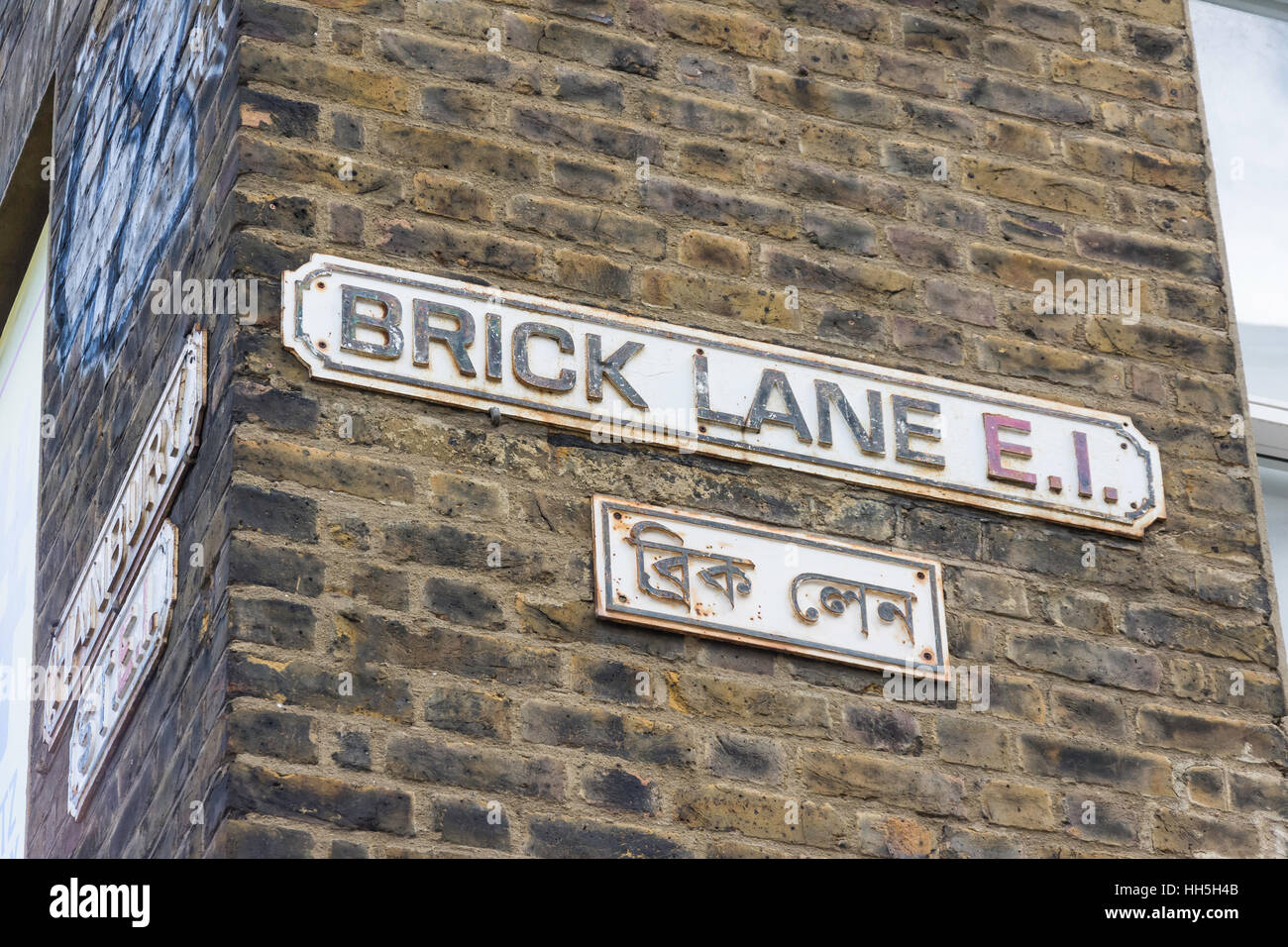 Brick Lane strada segno, Spitalfields, London Borough of Tower Hamlets, Greater London, England, Regno Unito Foto Stock