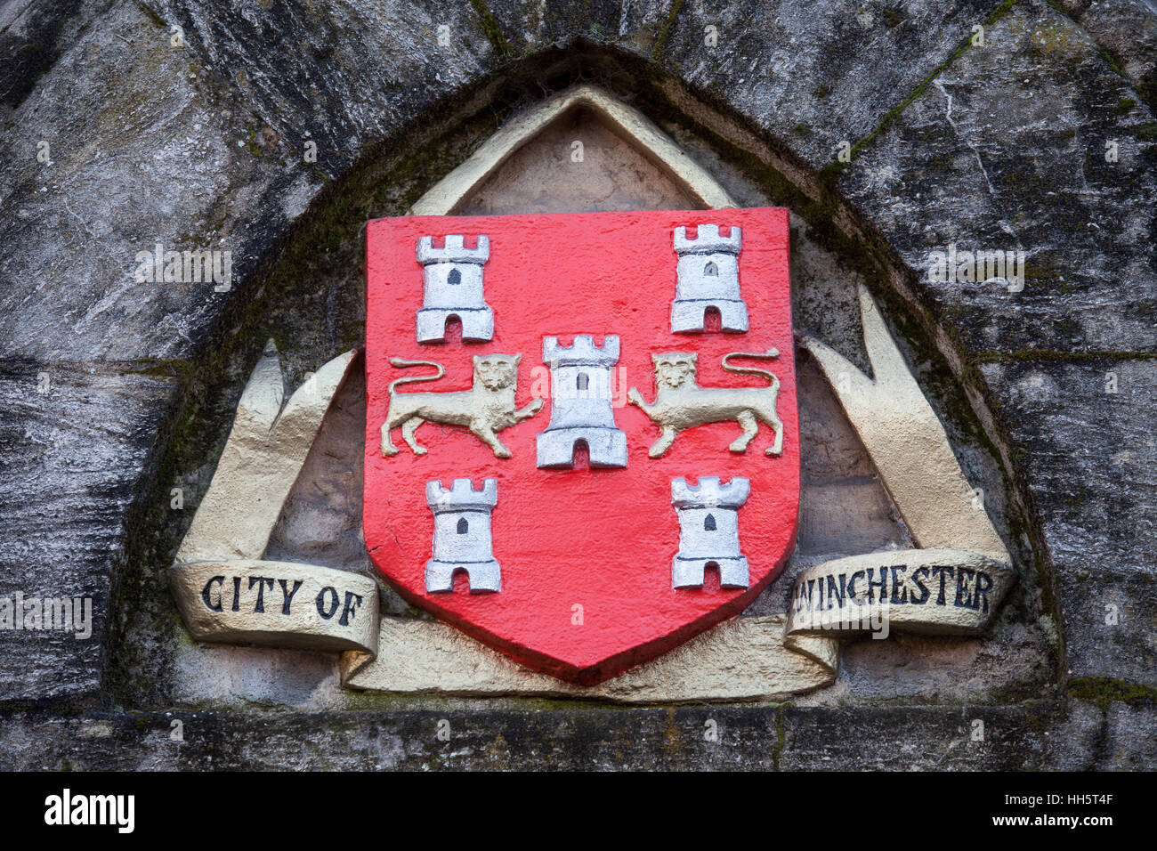 Città di Winchester cresta delle armi, Winchester Guildhall, Winchester, Hampshire, Regno Unito Foto Stock
