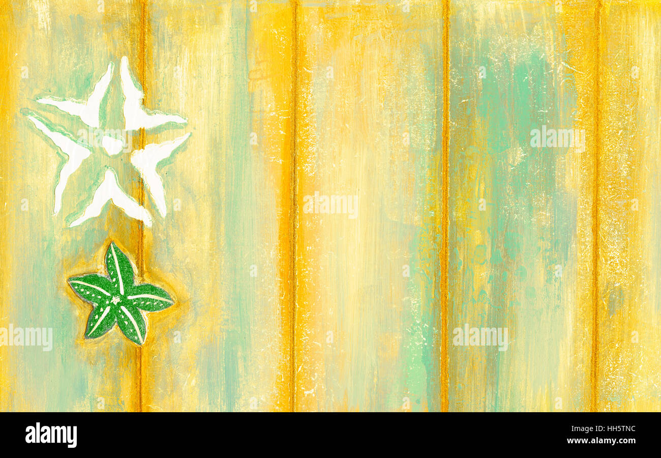 Peeling vernice sullo sfondo di legno decorato con starfishes Foto Stock