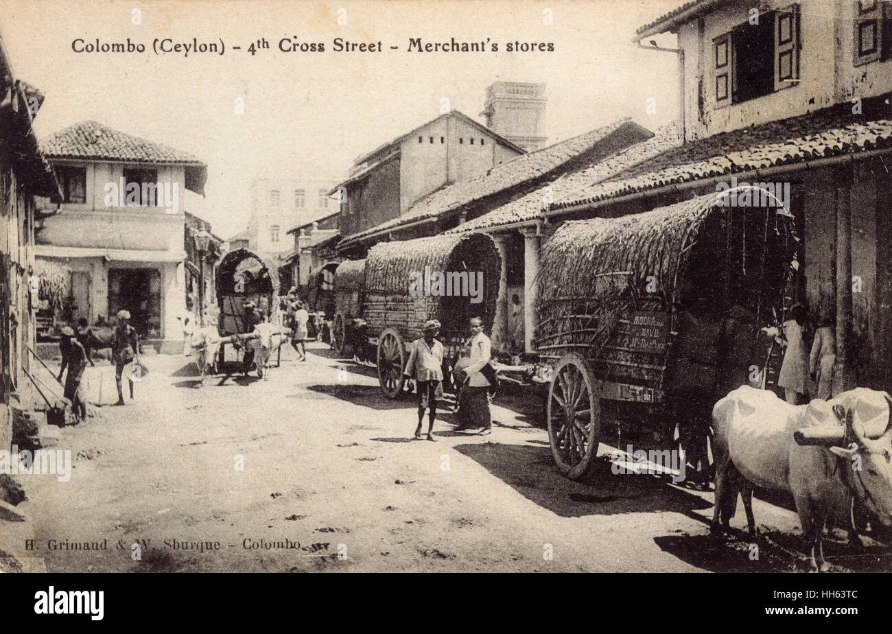 Scena di strada, 4° Cross Street, Pettah, Colombo, Ceylon (Sri Lanka), con negozi mercantili e giovenco-carretti tirati. Foto Stock
