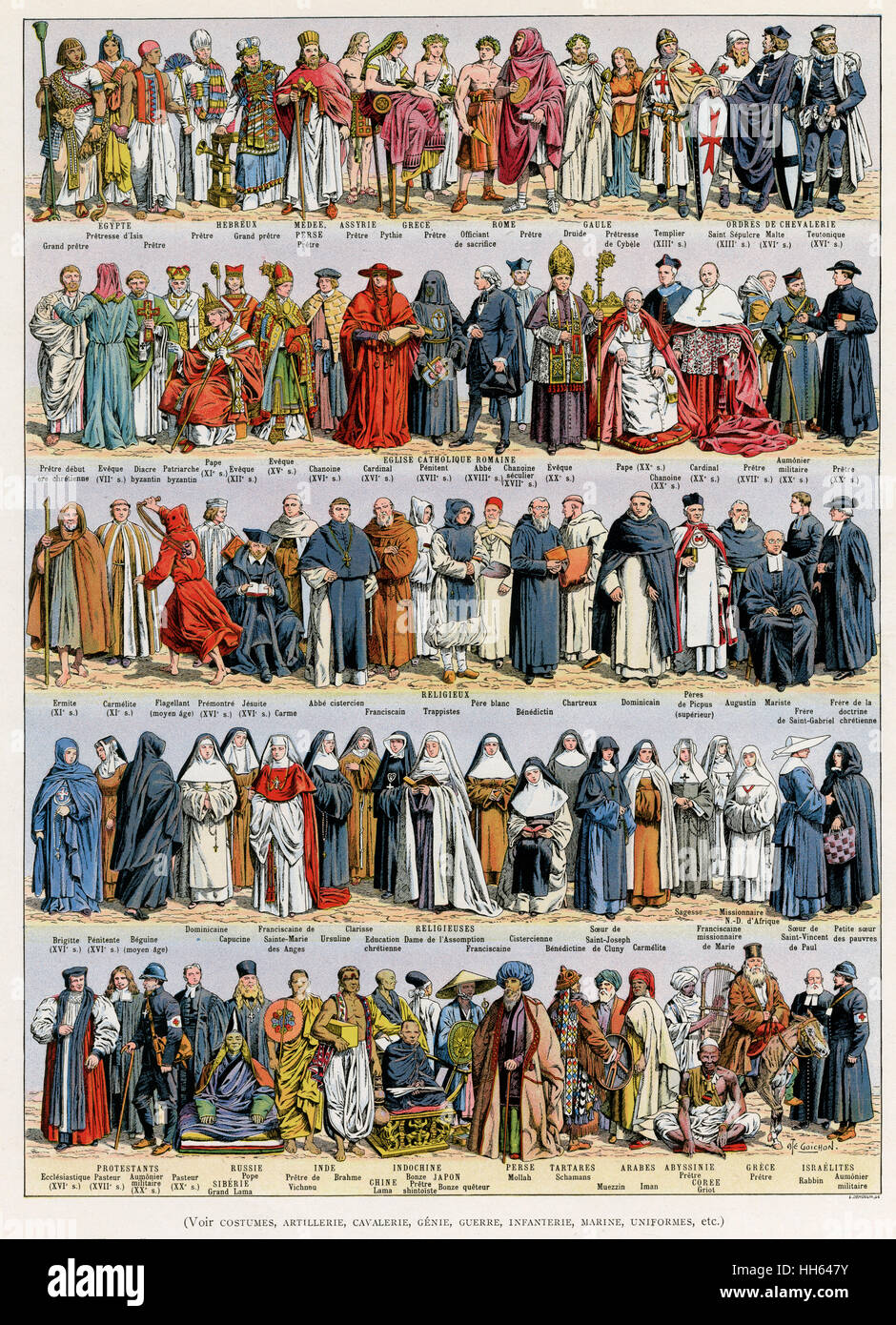 Pagina da Larousse Encyclopedia charting la varietà dei costumi indossati  dagli ordini religiosi attraverso i secoli Foto stock - Alamy
