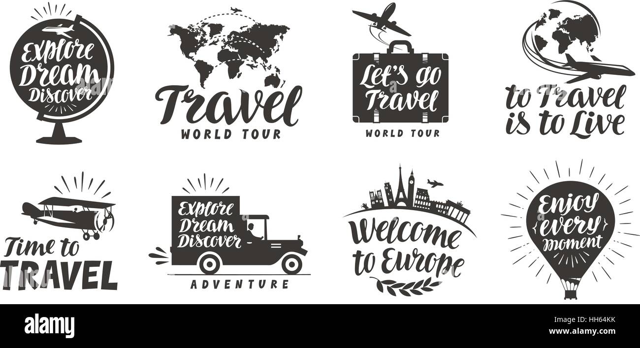 Set da viaggio icone. Caratteri scritti a mano. L'etichetta illustrazione vettoriale Illustrazione Vettoriale