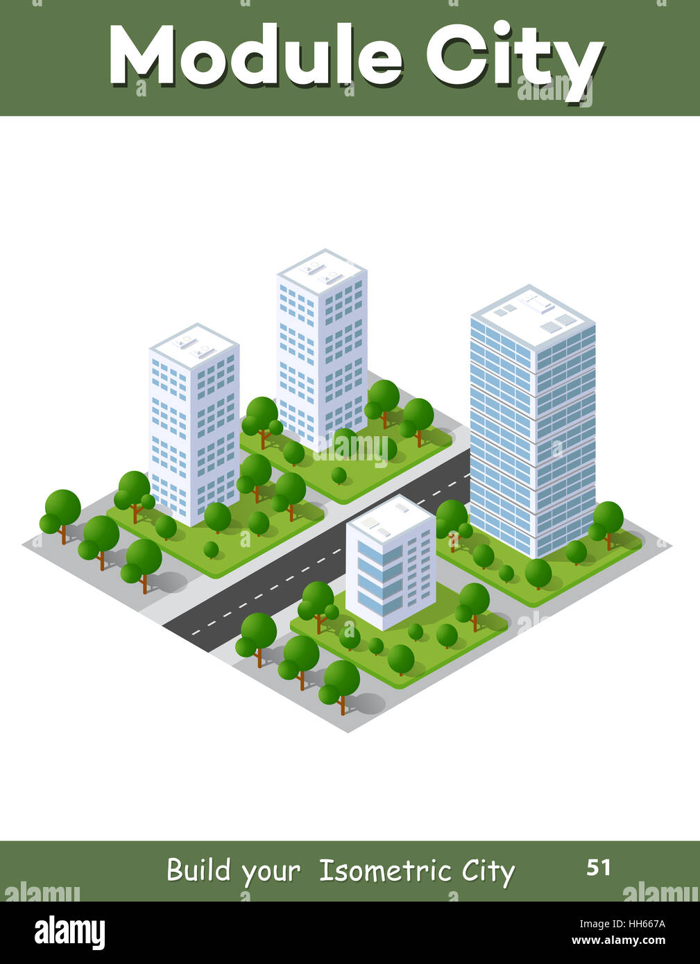 3D isometrica paesaggio cittadino di grattacieli, case, giardini e strade in una vista tridimensionale dall'alto Foto Stock
