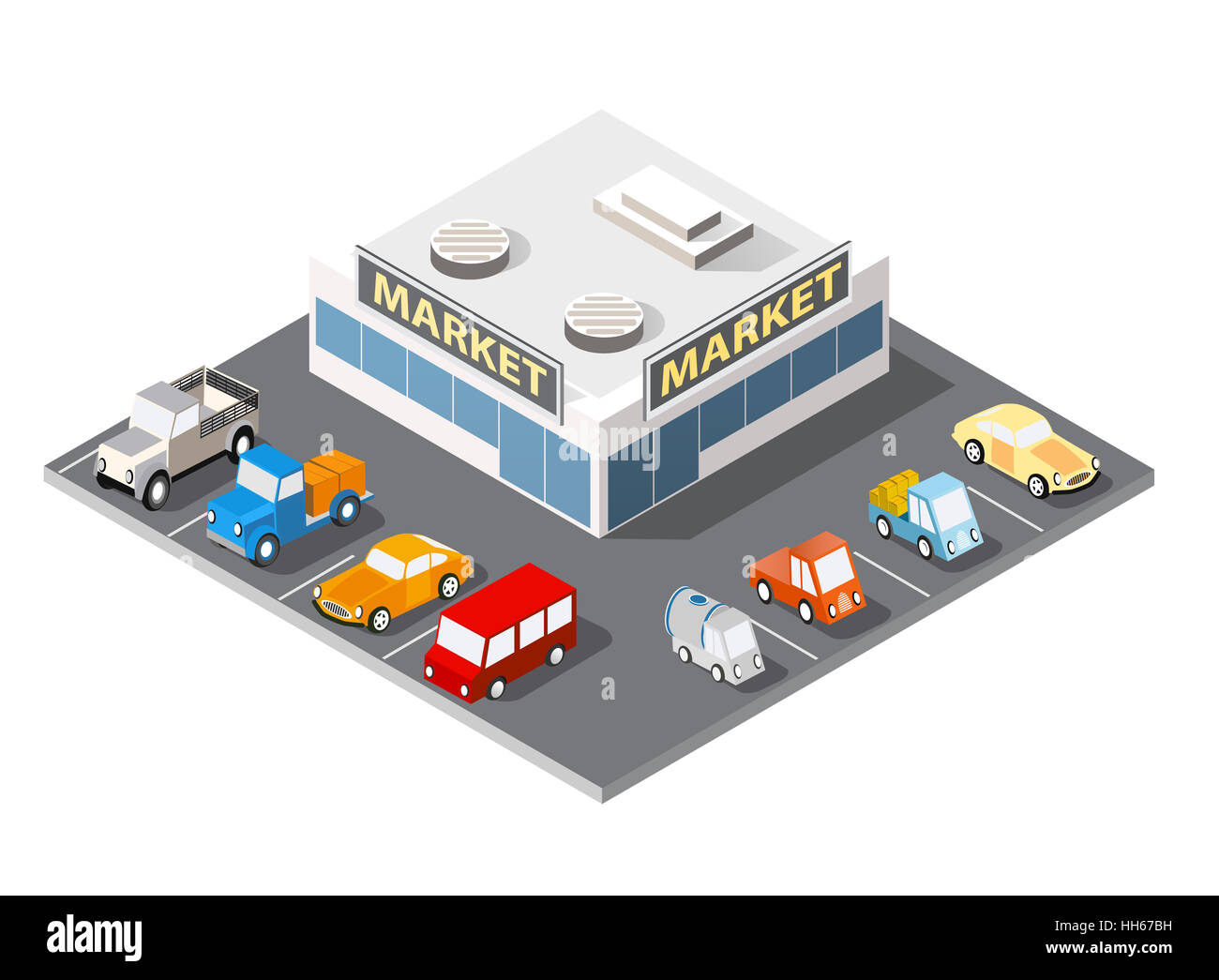 Grande supermercato shopping 3d centro commerciale con negozi e uffici con parcheggio di una grande città auto Foto Stock