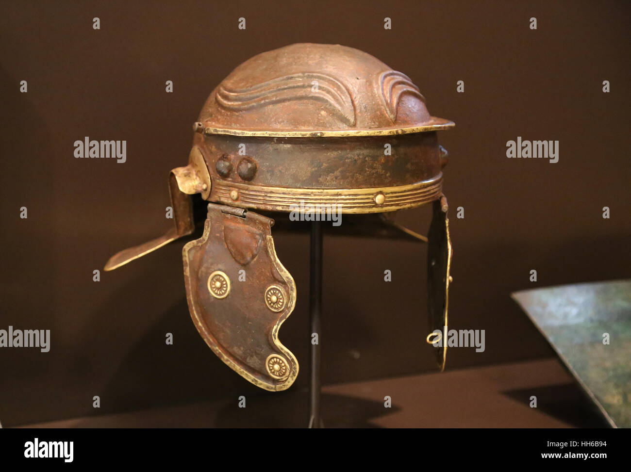 Galea. Il soldato romano del casco. Centurion. Hispania romana. Replica. Museo Archeologico Nazionale di Madrid. Spagna. Foto Stock