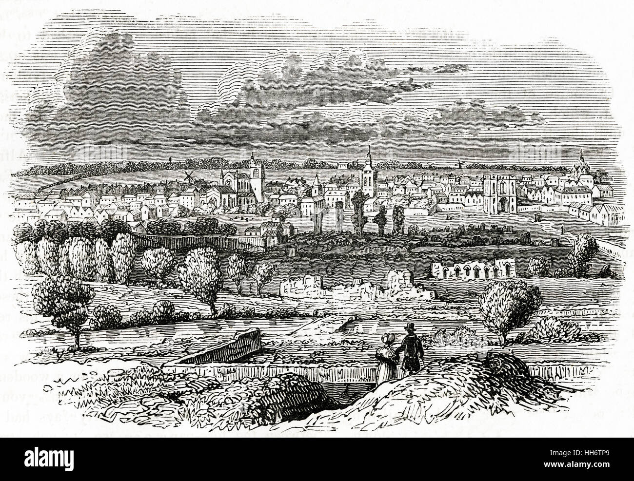 Vista su Bury St Edmunds Suffolk in 1745. Silografia vittoriano circa 1845 Foto Stock