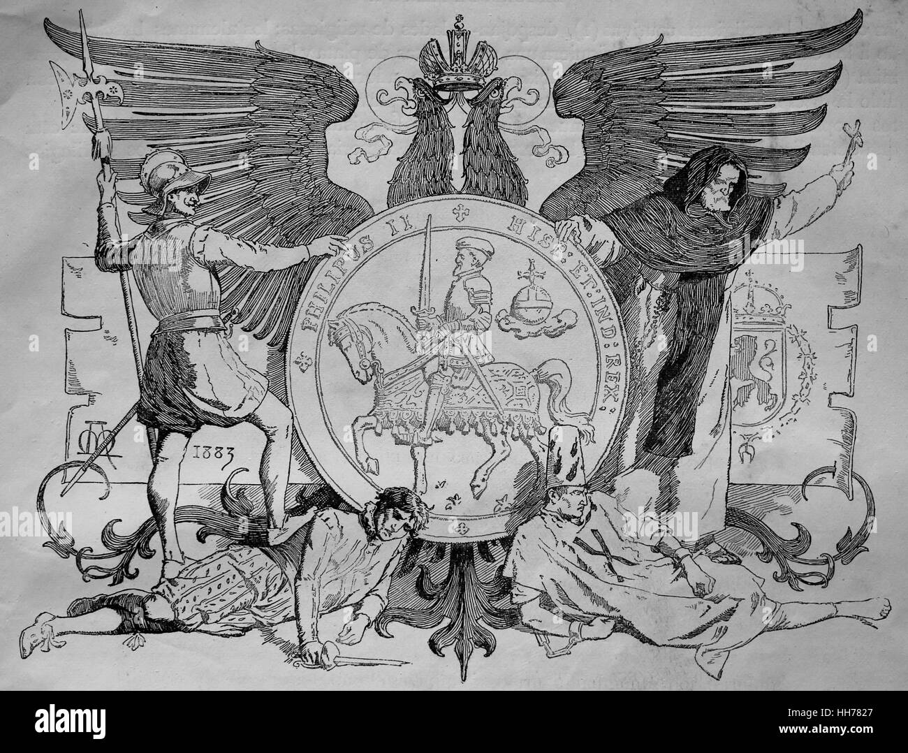 Regno di Filippo II di Spagna (1527-1598). Incisione, 1882. Foto Stock