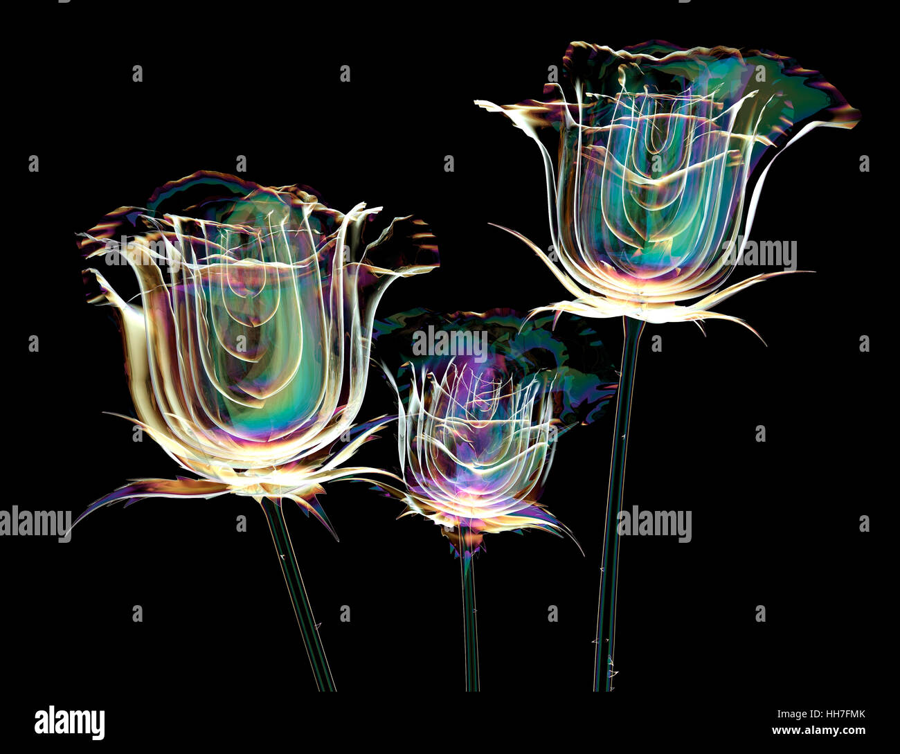 Il colore dei fiori di vetro isolato sul nero, rosa 3d illustrazione Foto Stock