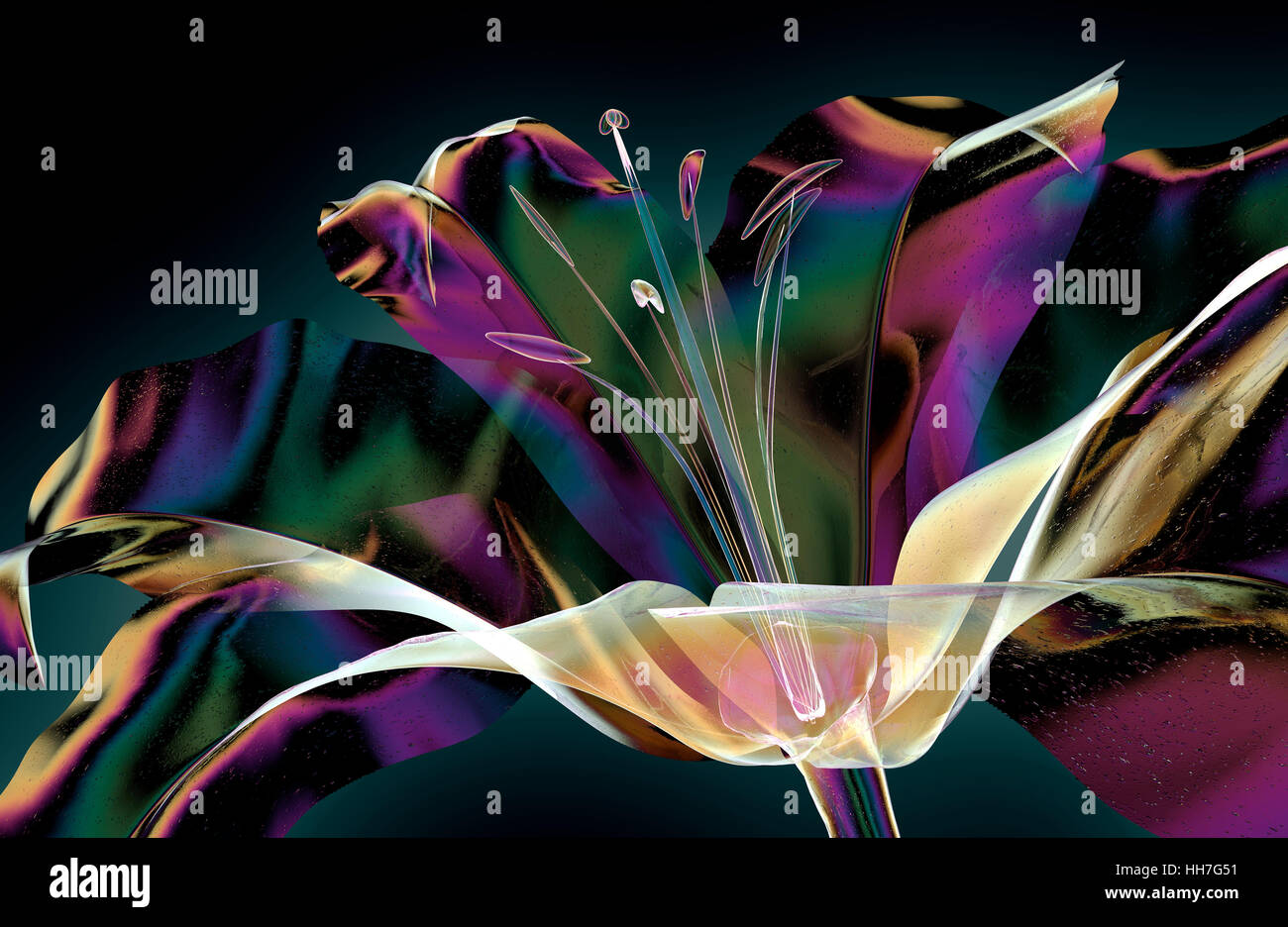 Il colore dei fiori di vetro isolato sul nero, il lilly 3d illustrazione Foto Stock