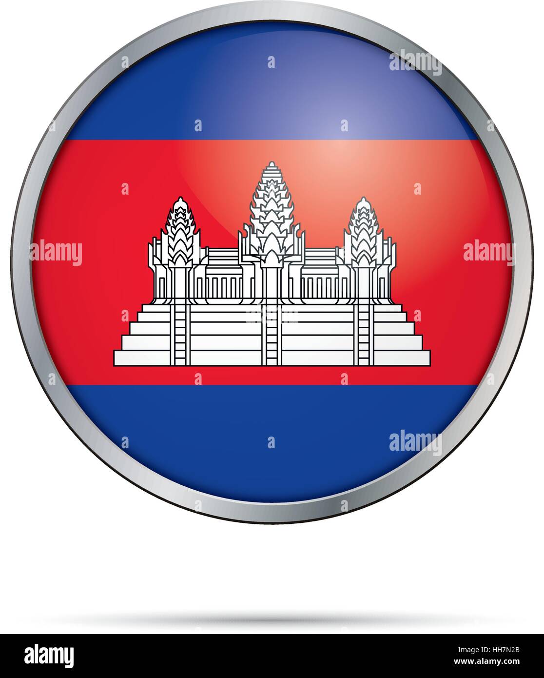 Vettore di bandiera cambogiana pulsante. Cambogia bandiera pulsante di vetro stile con telaio di metallo. Illustrazione Vettoriale