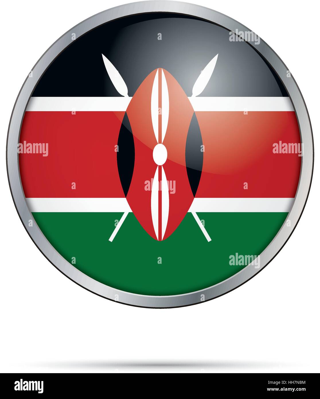 Vettore di bandiera Keniota pulsante. Kenya bandiera pulsante di vetro stile con telaio di metallo. Illustrazione Vettoriale