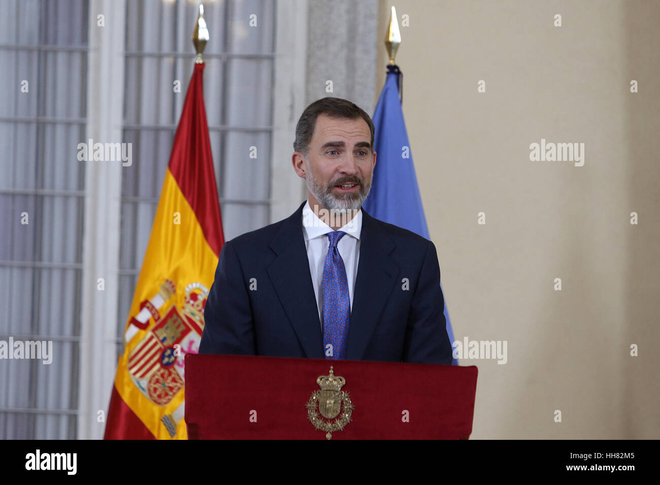 Madrid, Spagna. Xvii gen, 2017. Re di Spagna Felipe VI durante un evento lanciando l anno internazionale del turismo sostenibile per lo sviluppo 2017 presso il Palazzo Reale del Pardo, Madrid 17 gennaio 2017. Credito: Gtres Información más Comuniación on line,S.L./Alamy Live News Foto Stock