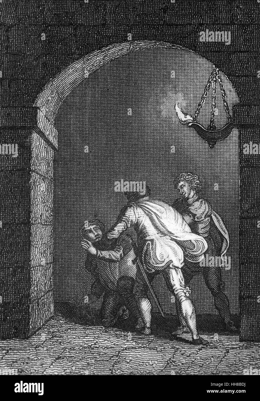 La morte di George Villiers, primo duca di Buckingham 1592 - 23 agosto 1628),il 23 agosto 1628 presso il The Greyhound Pub di Portsmouth, dove si era recato per organizzare ancora un altra campagna. Egli visse appena abbastanza a lungo da jump up, gridando "cattivo!" e realizzato per inseguire il suo aggressore, ma poi cadde morto. L'assassino era Giovanni Felton, un esercito ufficiale che erano stati feriti nella precedente avventura militare e ha creduto che fosse stato superato per la promozione da Buckingham. Foto Stock