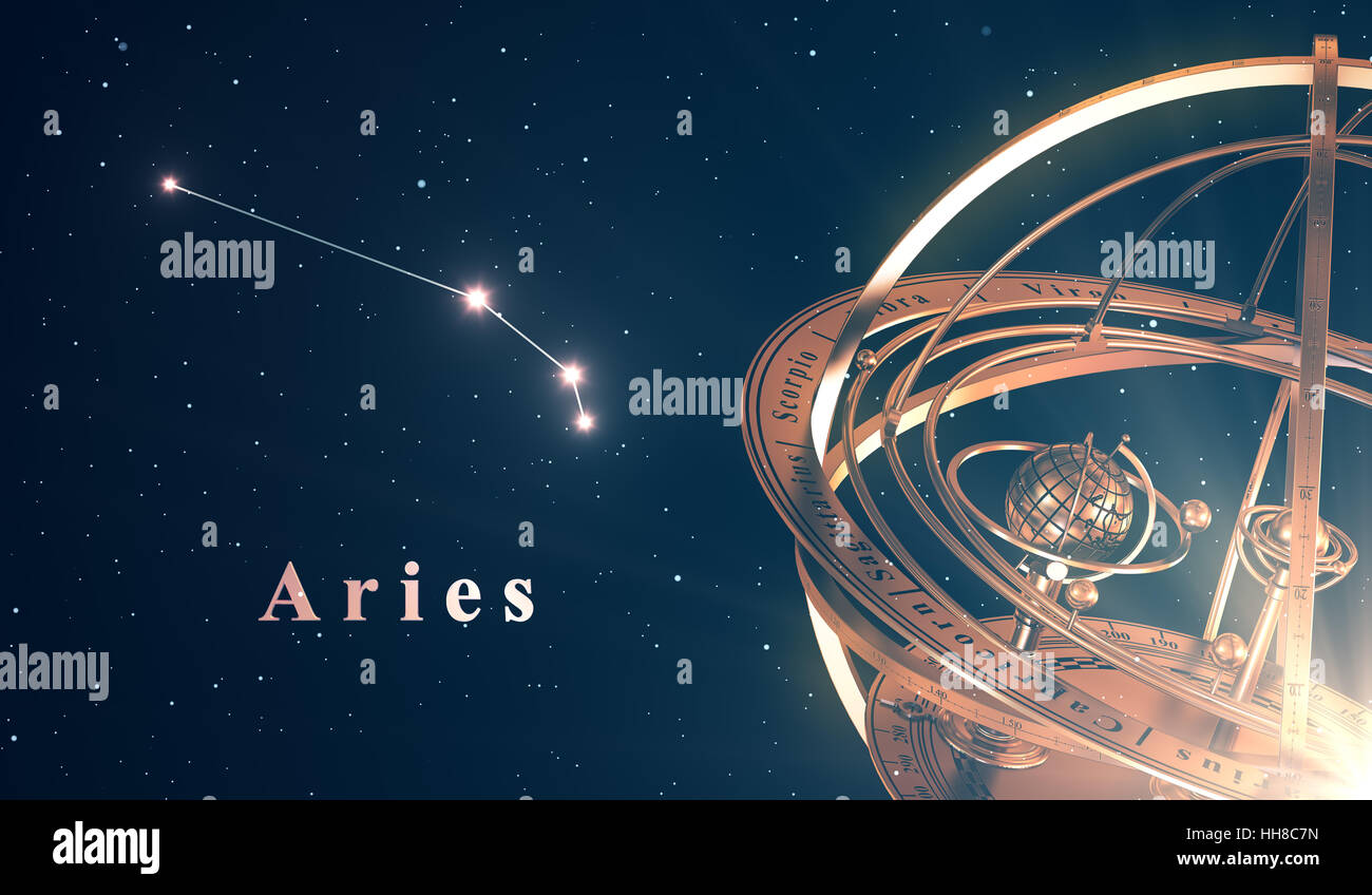 La costellazione dello zodiaco Aries e sfera armillare su sfondo blu Foto Stock