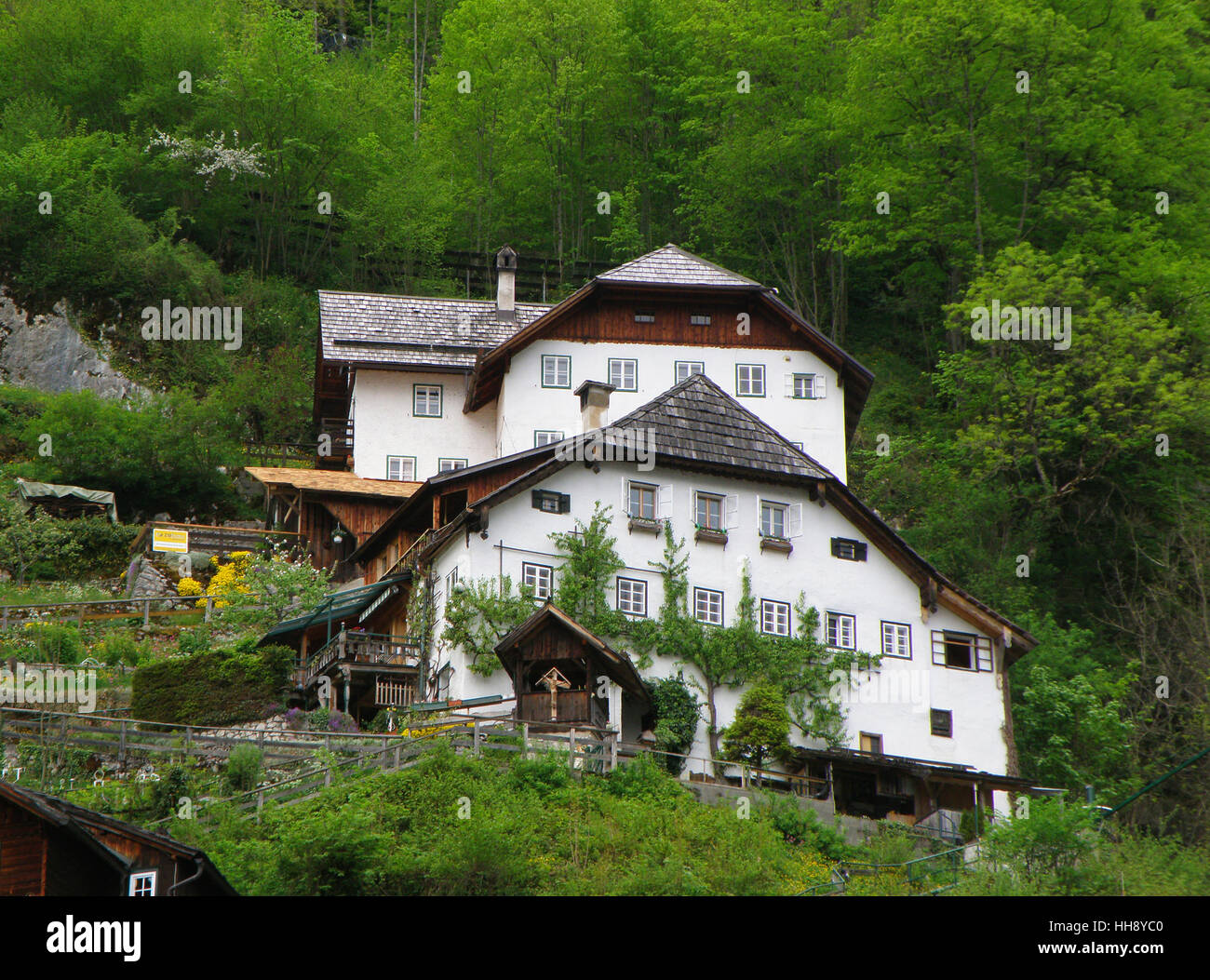 Tradizionale stile vintage delle case sulla collina, Hallstatt, Austria Foto Stock