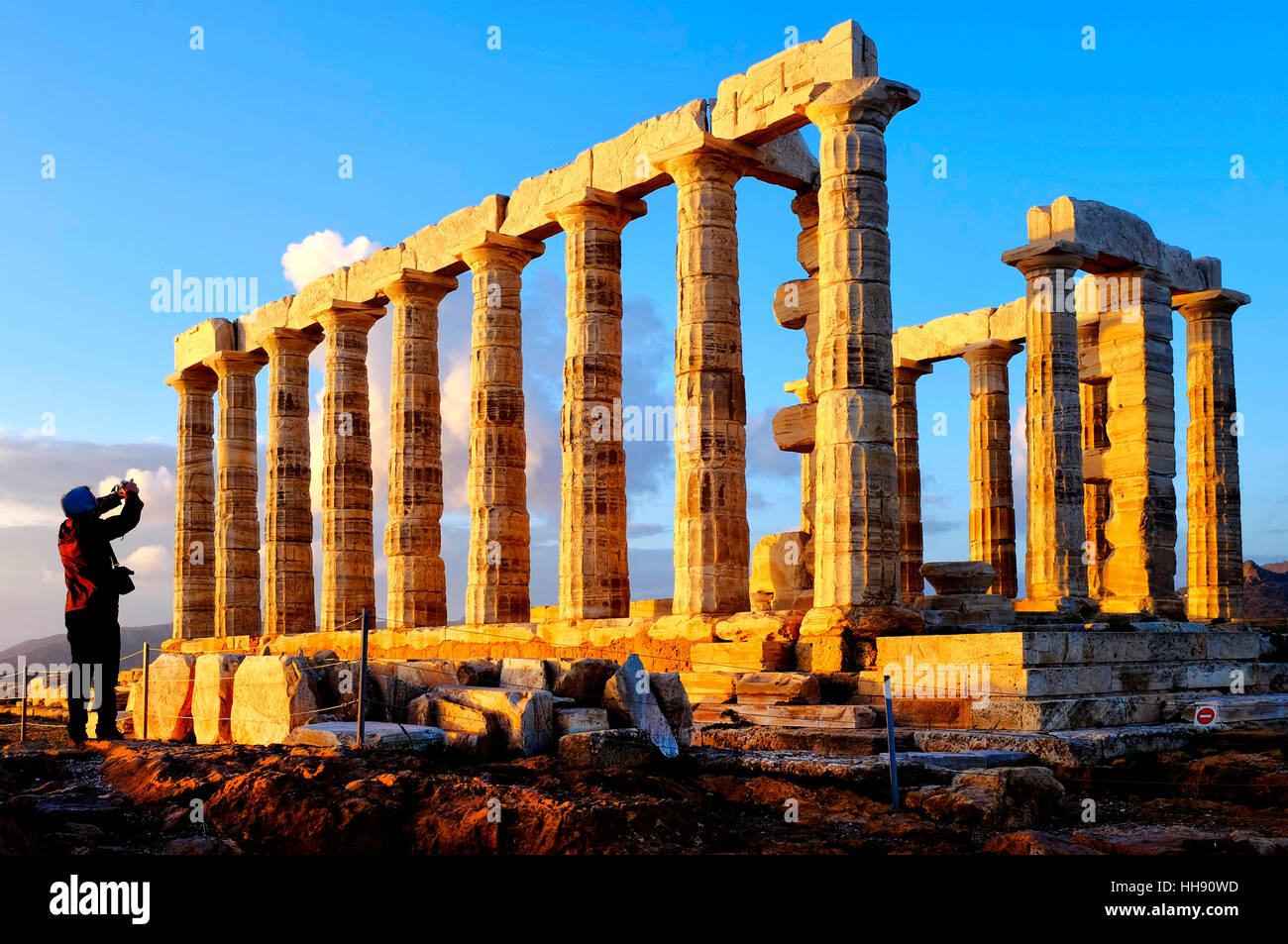 Rovine del Tempio di Poseidone a Capo Sounion, Penisola Attica, Grecia Foto Stock