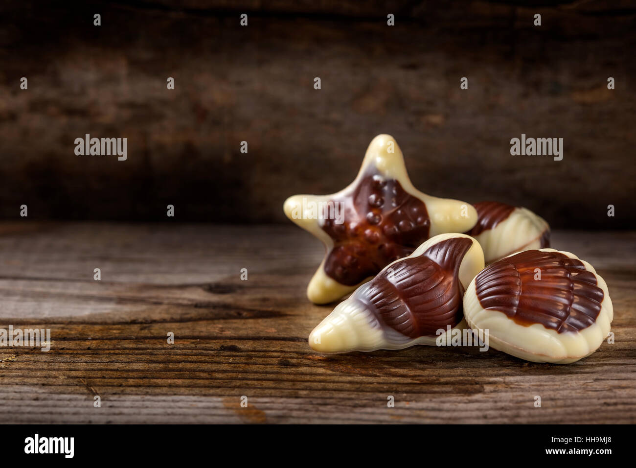 Close up di conchiglie marine candy oltre rustico sfondo di legno Foto Stock