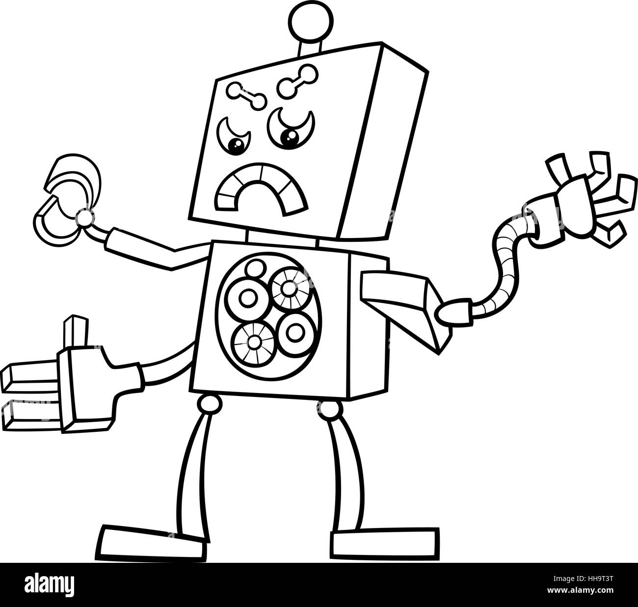 Bianco e Nero Cartoon illustrazione del robot Fantascienza o fantasy di carattere nella pagina di colorazione Illustrazione Vettoriale