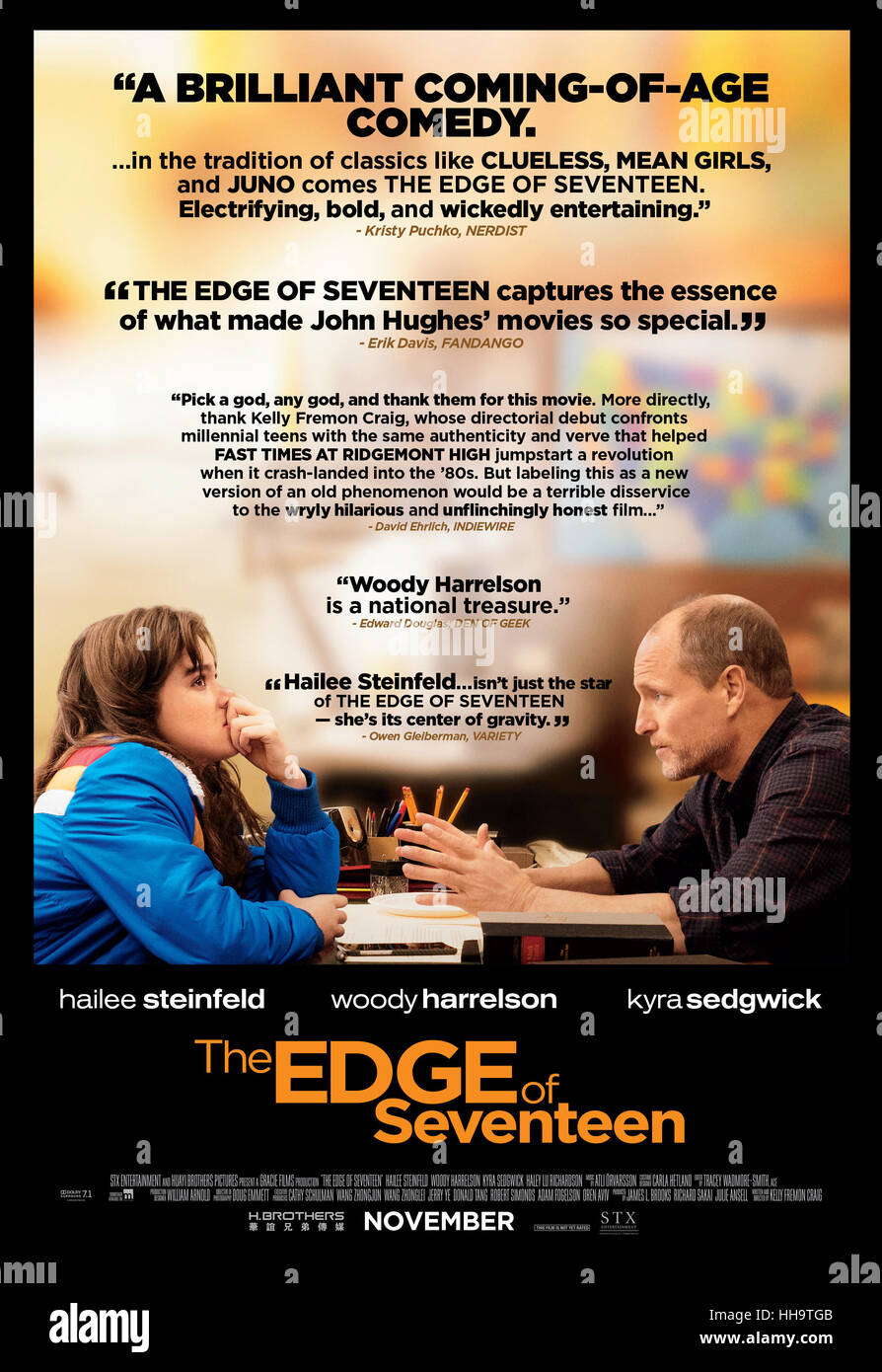 Data di rilascio: novembre 18, 2016 Titolo: il bordo di diciassette STUDIO: Sony Pictures Regista: Kelly Fremon Craig trama: di alta scuola di vita diventa ancora più insopportabile per Nadine quando il suo migliore amico, Krista, inizia dating il suo fratello più anziano starring: Hailee Steinfeld, Woody Harrelson poster (credito: © Sony Pictures Entertainment/foto) Foto Stock