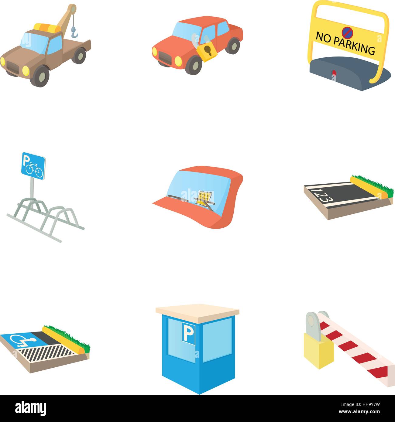 Area di parcheggio set di icone, stile cartoon Illustrazione Vettoriale