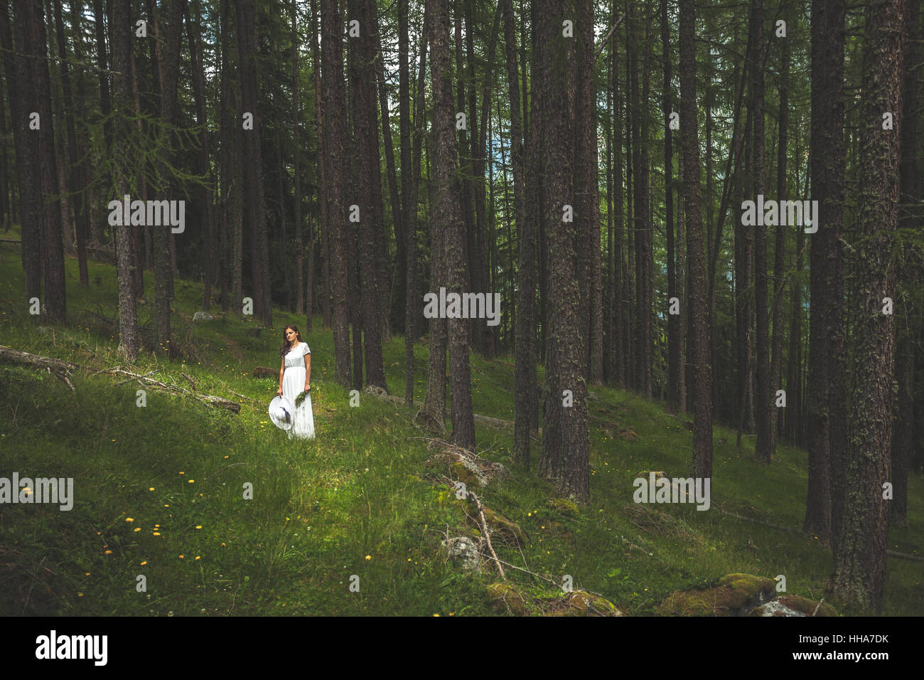 Giovane donna in abito bianco e cappello da sole nella foresta Foto Stock