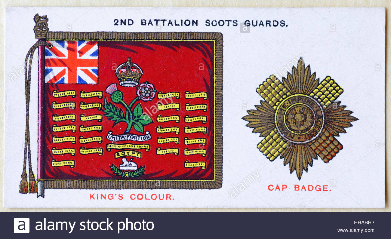 Secondo Battaglione Scots Guards regimental standard e tappo badge Foto Stock
