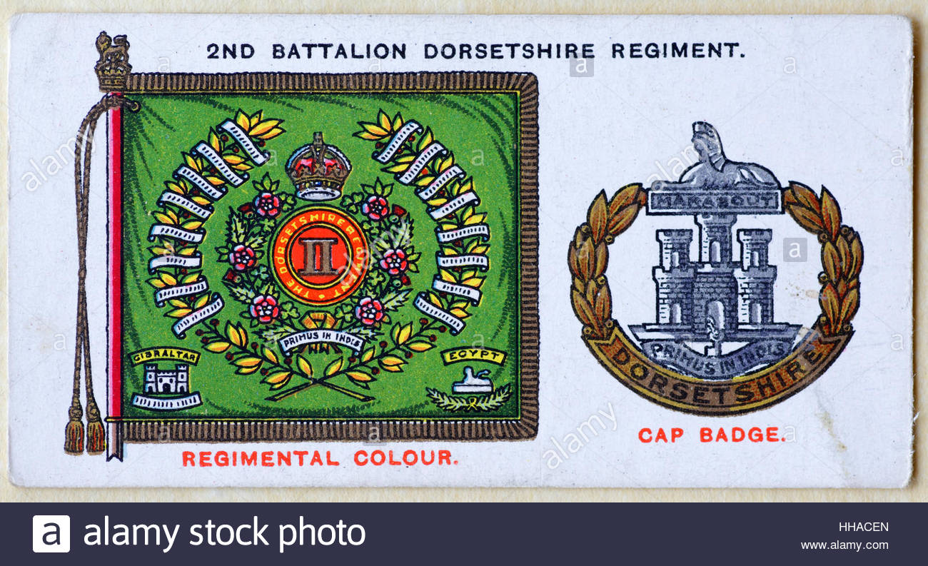 Secondo battaglione del reggimento di Dorsetshire regimental standard e tappo badge Foto Stock