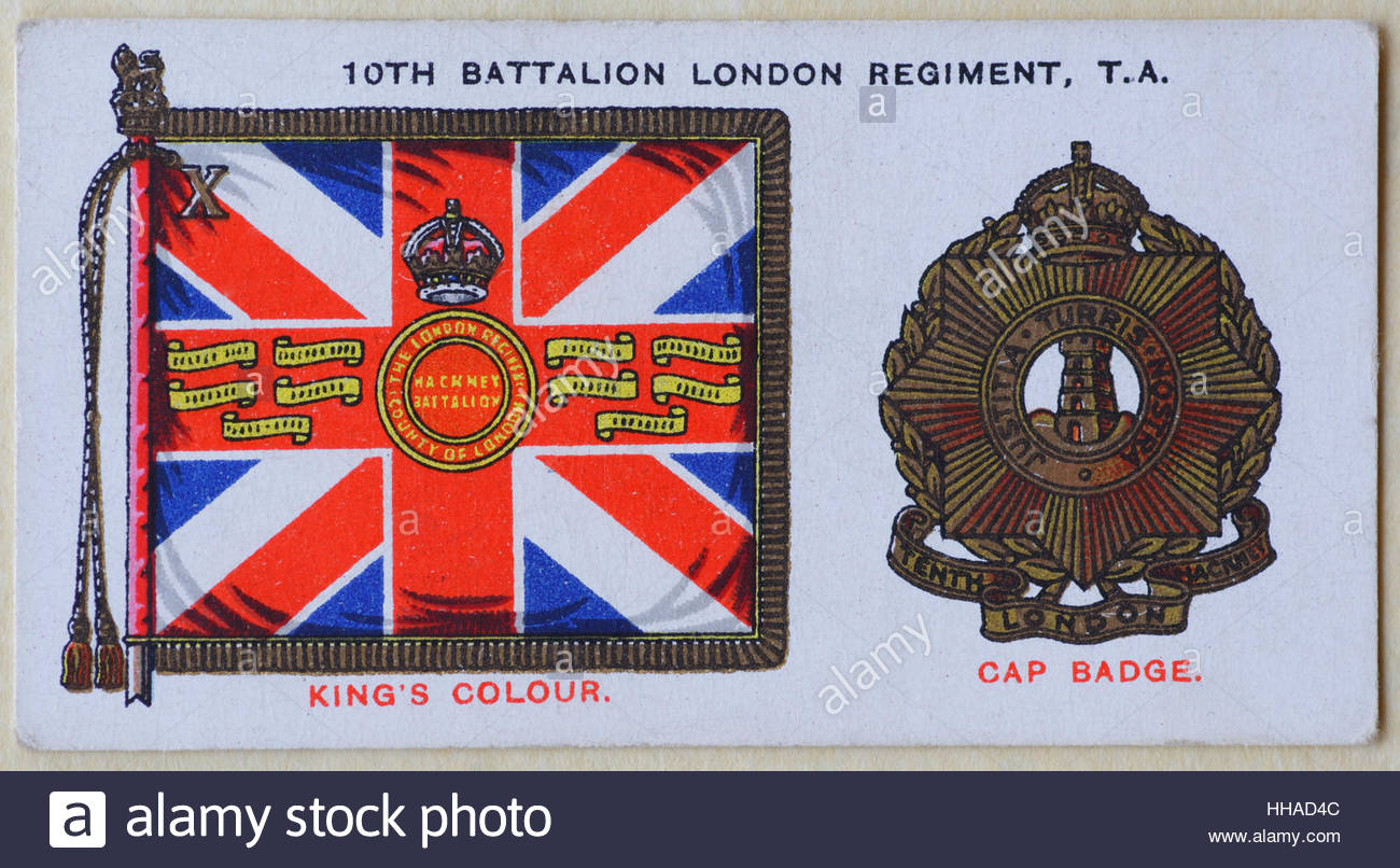Decimo battaglione del reggimento di Londra TA regimental standard e tappo badge Foto Stock