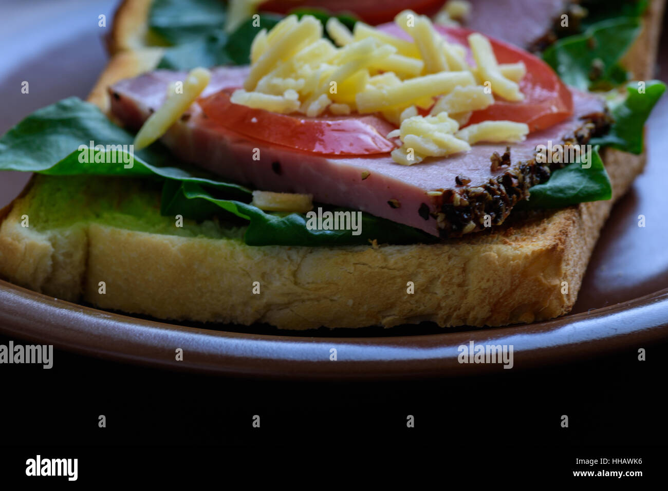 Toast con arrosti di carne, pomodori, sorrel e mozzarella servita sulla piastra di argilla Foto Stock