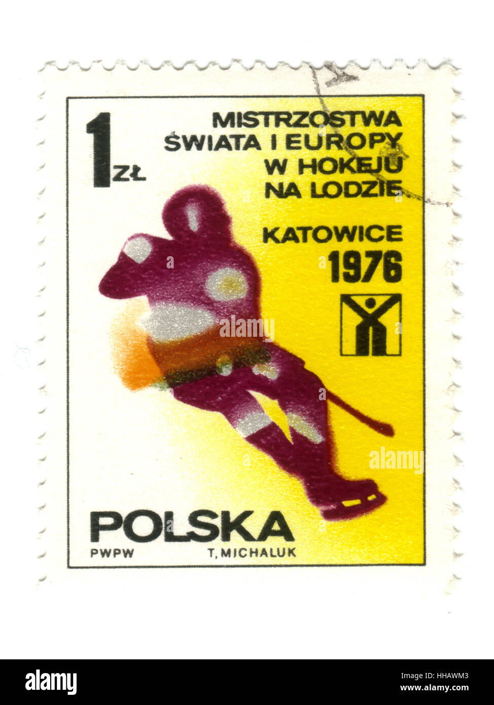 Polonia - circa 1976: un timbro stampato in Polonia mostra Campionati Europei e Mondiali di hockey su ghiaccio, dalla serie, circa 1976 - Foto Stock