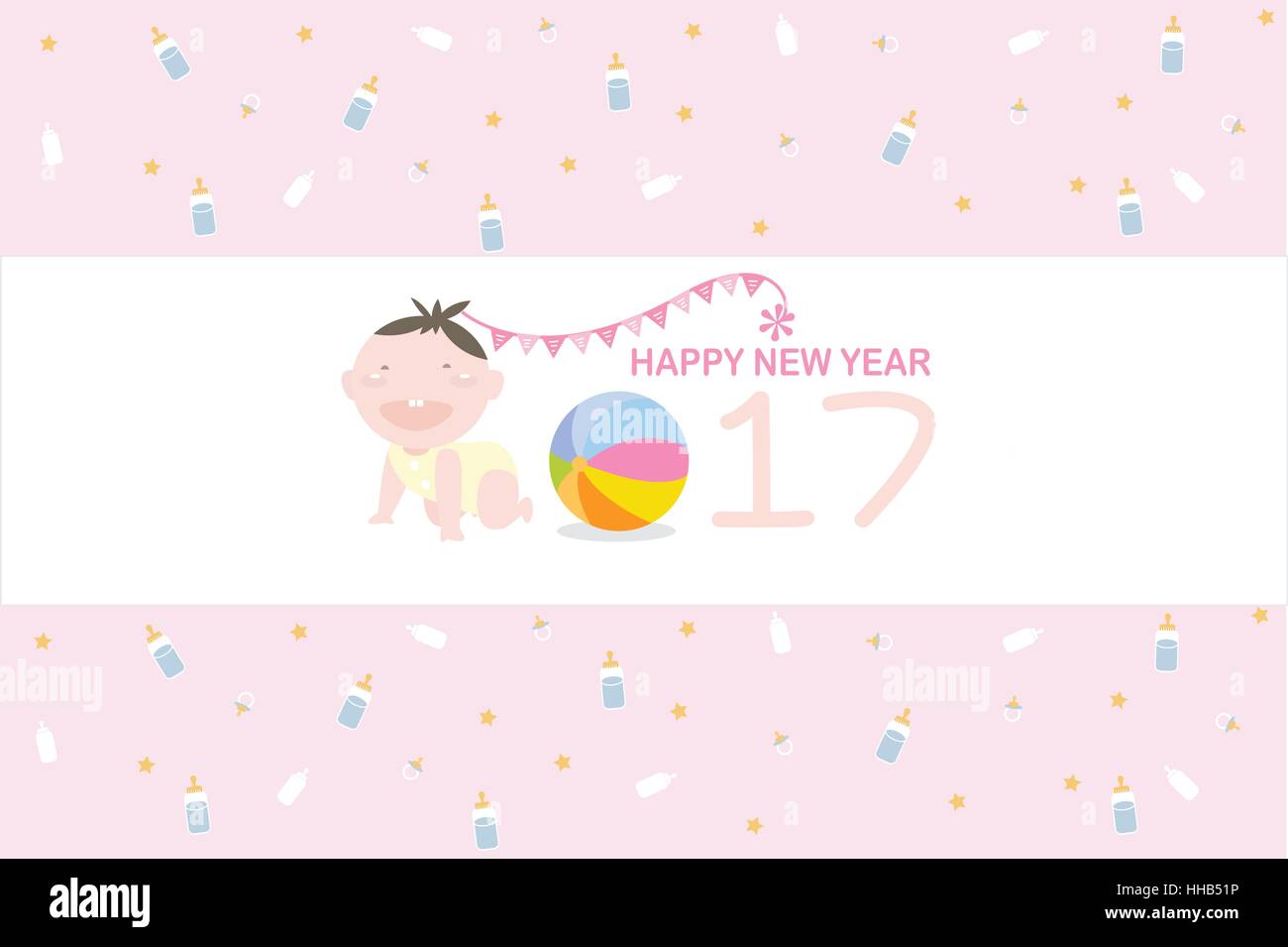 Felice Anno Nuovo 2017 etichette con baby bottiglia di latte, giocattolo e stella su sfondo di ping. Illustrazione Vettoriale