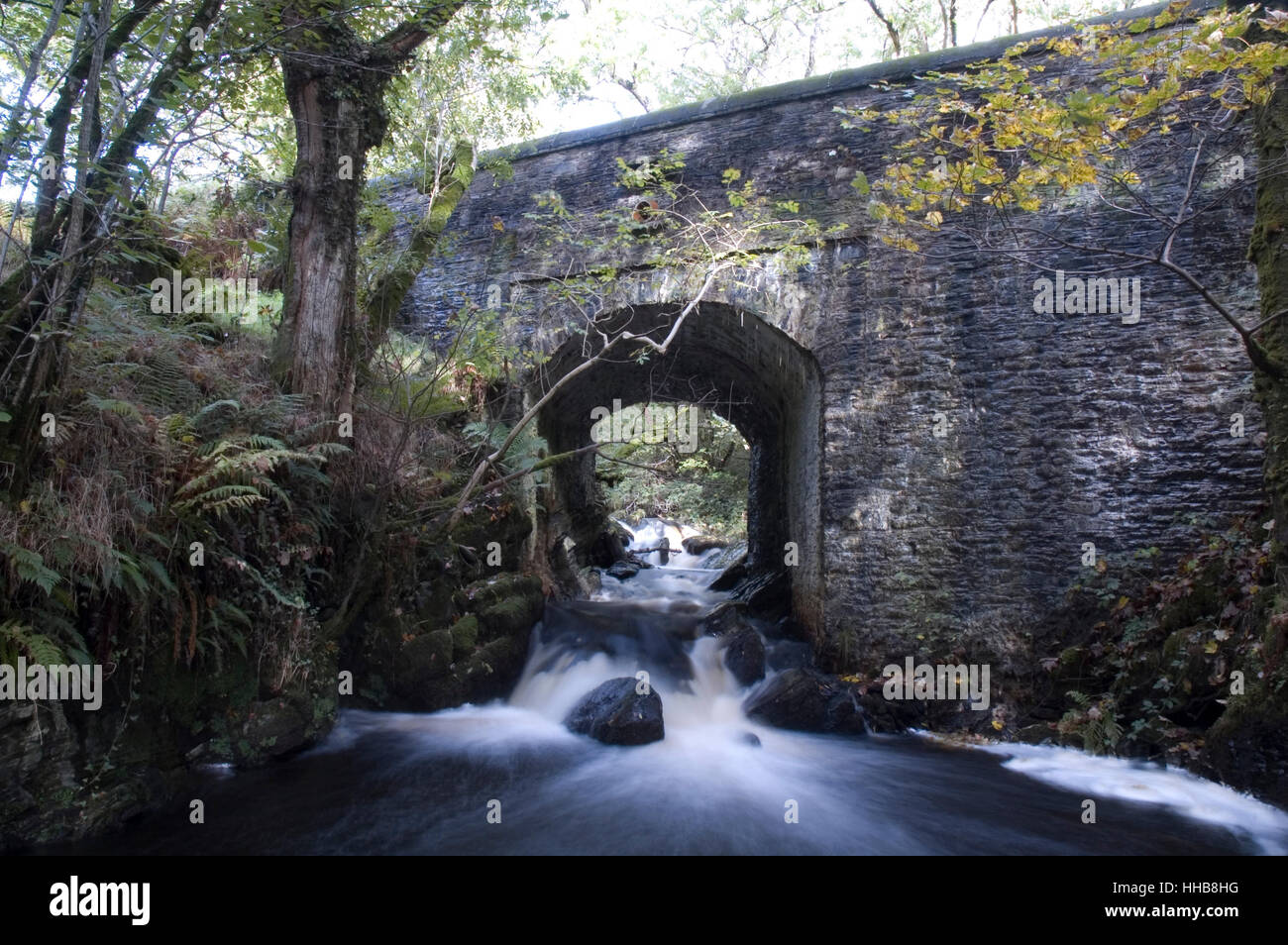 Milky fiume che scorre al di sotto di un antico ponte in pietra Foto Stock