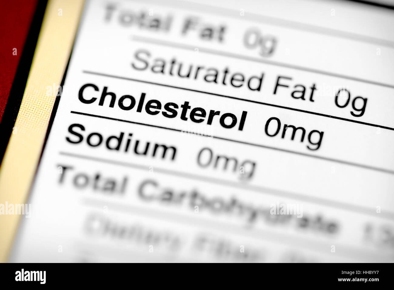 Etichetta nutrizionale con focus su colesterolo. Foto Stock