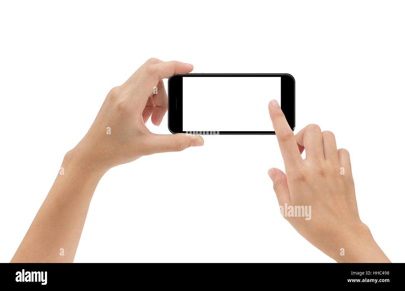 Mano che tiene il telefono mobile e toccando schermo isolato su sfondo bianco, mock-up smartphone opaco di colore nero Foto Stock